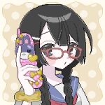  1girl 2000s_(style) alternate_costume black_hair blue_eyes blue_sailor_collar blunt_bangs blunt_sidelocks blush_stickers border braid breasts cellphone ck_89cq closed_mouth commentary dot_nose double-parted_bangs faux_retro_artstyle flip_phone glasses hair_ornament hair_over_shoulder hairclip highres holding holding_phone long_hair looking_at_viewer multiple_hairclips neckerchief niginigi_nijitown nijisanji o3o phone pixel_art polka_dot polka_dot_background portrait red-framed_eyewear red_neckerchief sailor_collar scrunchie shirt sidelocks small_breasts solo tareme tsukino_mito twin_braids untranslatable_commentary virtual_youtuber white_shirt wrist_scrunchie yellow_background yellow_border yellow_scrunchie 