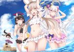  4girls absurdres adone_(pluemza021) armpits arms_up azusa_(blue_archive) azusa_(swimsuit)_(blue_archive) ball beach beachball bikini black_bikini black_hair blue_archive breasts brown_eyes brown_hair cloud cloudy_sky collarbone commentary_request day eyewear_on_head feathered_wings feet_out_of_frame halo hifumi_(blue_archive) hifumi_(swimsuit)_(blue_archive) highres holding holding_ball holding_beachball long_hair looking_at_another mashiro_(blue_archive) mashiro_(swimsuit)_(blue_archive) multiple_girls navel ocean official_alternate_costume outdoors parted_lips pink_hair purple_eyes red_eyes red_halo ruffle_bikini sky small_breasts smile stomach swimsuit tsurugi_(blue_archive) tsurugi_(swimsuit)_(blue_archive) twintails very_long_hair water white_bikini white_hair white_wings wings yellow_halo 