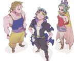  1girl 2boys arms_behind_back beard_stubble black_jacket black_pants blonde_hair blue_eyes blue_shirt boots breasts closed_mouth commentary_request detached_sleeves dress eakanasu earrings facial_hair final_fantasy final_fantasy_vi from_above full_body gradient_cape green_hair grey_hair hair_ribbon hands_on_own_hips headscarf highres jacket jewelry locke_cole long_hair medium_breasts multiple_boys muscular muscular_male pants ponytail purple_ribbon red_boots red_dress red_sleeves ribbon sabin_rene_figaro sash shirt short_hair sleeveless sleeveless_shirt smile strapless strapless_dress stubble terra_branford waist_sash white_background white_shirt yellow_eyes yellow_pants 