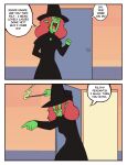 2025 5_fingers absurd_res black_clothing black_dress black_hat black_headwear bonnymama7 closed_smile clothed clothed_female clothed_humanoid clothing comic dialogue digital_drawing_(artwork) digital_media_(artwork) door doorway dress elphaba_(bonnymama7) english_text evil_grin female fingers front_view fully_clothed fully_clothed_female fully_clothed_humanoid furrowed_eyebrows green_body hair hat headgear headwear hi_res holding_object holding_wand humanoid medium_comic motion_lines mouth_closed offscreen_character open_mouth open_smile portrait pose red_hair red_tongue smile solo speech_bubble teeth text three-quarter_portrait tongue tongue_showing toothy_grin wand witch_hat
