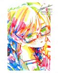  1girl artist_name blush border braid closed_mouth colorful commentary_request glasses hand_up highres long_hair low_twin_braids original portrait school_uniform serafuku signature twin_braids watanabe_tomari watermark white_border 