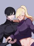  1boy 1girl black_eyes black_hair black_shirt blonde_hair blue_eyes blue_nails blush boruto:_naruto_next_generations boruto_(series) breasts commentary couple crop_top curvy earrings english_commentary eyelashes fingernails hair_ornament hair_over_one_eye hair_ribbon hairclip highres holding_hands jewelry kiwi_pug lipstick long_fingernails looking_at_another makeup medium_breasts muscular muscular_male nail_polish naruto_(series) naruto_shippuuden navel nose_blush open_mouth pale_skin parted_lips pink_lips ponytail purple_ribbon purple_shirt purple_skirt ribbon sai_(naruto) shirt skirt standing tight_clothes tight_shirt wide_hips yamanaka_ino 