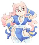 anthro blue_clothing breasts chest_tuft cleavage clothed clothing cosplay felid feline female hair hi_res kasumi_(doa) mammal nina_(zipskyblue) pink_hair solo tail tuft zipskyblue