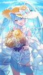  1girl absurdres aqua_eyes aqua_hair blush bouquet bow brown_hat commentary double-parted_bangs dress fingerless_gloves flower gloves hair_between_eyes hat hat_bow hat_flower hat_ornament hatsune_miku highres holding holding_bouquet leaf_hat_ornament long_hair looking_at_viewer macha_3939 magical_mirai_(vocaloid) magical_mirai_miku magical_mirai_miku_(2026) open_mouth outdoors shirt sleeveless sleeveless_dress smile solo sunflower twintails vocaloid white_bow white_dress white_gloves white_shirt yellow_eyes yellow_flower 