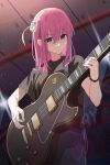  1girl absurdres bangs black_shirt blue_eyes bocchi_the_rock! cube_hair_ornament electric_guitar gibson_les_paul gotou_hitori grey_skirt guitar hair_between_eyes hair_ornament highres holding holding_instrument instrument jiki_(gkdlfnzo1245) long_hair music one_side_up pink_hair playing_instrument pleated_skirt shirt skirt solo sweat 