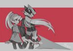  1boy 1girl android armor back-to-back black_armor black_bodysuit bodysuit ciel_(mega_man) cropped_legs gloves grey_eyes greyscale_with_colored_background hair_between_eyes highres holding holding_sword holding_weapon letterboxed light_smile long_hair looking_at_another mega_man_(series) mega_man_zero_(series) milaisadoodles partially_shaded_face red_background red_eyes robot serious sword upper_body very_long_hair weapon white_gloves z_saber zero_(mega_man) 