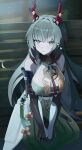  1girl absurdres arknights arknights:_endfield bare_shoulders bench black_sleeves breasts closed_mouth commentary detached_sleeves feet_out_of_frame green_eyes green_hair hair_intakes hair_ornament highres horn_ornament horns jewelry large_breasts light_blush long_hair long_sleeves looking_at_viewer multicolored_hair multiple_rings night on_bench own_hands_together park_bench red_hair red_horns ring sitting smile solo streaked_hair user_vcgu8783 v_arms white_sleeves zhuang_fangyi_(arknights) 