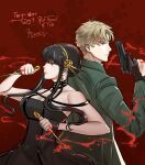  1boy 1girl bare_shoulders black_dress black_hair blonde_hair breasts cleavage commentary dagger dress earrings english_commentary gold_earrings gold_hairband green_eyes hairband highres holding husband_and_wife jewelry knife large_breasts long_hair rou_uor short_hair simple_background spy_x_family stiletto_(weapon) twilight_(spy_x_family) weapon yor_briar 