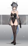  1girl arknights asicah bare_shoulders black_gloves black_leotard black_shoes black_thighhighs breasts brown_eyes character_name cleavage collar commentary covered_navel detached_collar dragon_girl dragon_horns dragon_tail elbow_gloves full_body glock gloves grey_hair gun hair_bun handgun high_heels highleg highleg_leotard holding holding_gun holding_tray holding_weapon horns id_card lanyard large_breasts leotard liskarm_(arknights) looking_at_viewer nontraditional_playboy_bunny playboy_bunny ponytail shoes single_hair_bun solo standing strapless strapless_leotard tail thighhighs tray trigger_discipline typo weapon white_collar yellow_eyes 