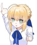  +_+ 1girl ahoge aqua_eyes arms_up artoria_pendragon_(fate) blonde_hair blue_bow blue_bowtie blush bow bowtie braid braided_bun breasts clenched_hand collared_shirt commentary_request cropped_torso fate/stay_night fate_(series) hair_between_eyes hair_bow hair_bun huge_ahoge looking_at_viewer medium_breasts muryo_55555 open_mouth pointing saber_(fate) shirt short_hair sidelocks simple_background solo upper_body v-shaped_eyebrows white_background white_shirt 