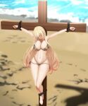  1girl beach bikini black_bikini bound breasts cleavage closed_eyes closed_mouth collarbone commentary_request cross crucifixion curvy fingernails floral_print floral_print_bikini full_body giruba heropin highres kitagawa_marin large_breasts long_hair nail_polish navel ocean outdoors pink_nails print_bikini restrained sand solo sono_bisque_doll_wa_koi_wo_suru stomach swimsuit very_long_hair water 