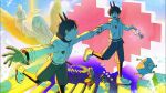  2boys angel angel_statue angel_wings ao_fujimori bell black_eyes black_hair black_leggings blue_sky boots brothers cat flower_pot gloves gradient_sky grey_shorts halo happy heart holding_hands holding_lamp horns jacket kerosene_lamp leggings looking_at_another mili_(band) multiple_boys official_art open_mouth outstretched_arms pink_sky running shorts siblings side-by-side sky smile space stairs star_(sky) starry_sky sunlight surreal television twins white_boots white_gloves white_jacket wings youtube_video_thumbnail 