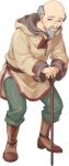  1boy artist_request bald beard boots brown_eyes cane facial_hair full_body game_asset grey_hair highres holding holding_cane hood hood_down legend_clover long_sleeves male_focus official_art old old_man old_man_(legend_clover) solo transparent_background 