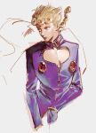  1boy bare_pectorals blonde_hair blue_eyes braid cleavage_cutout closed_mouth clothing_cutout coat collared_coat cropped_legs floating_hair giorno_giovanna hair_rings highres jojo_no_kimyou_na_bouken long_sleeves looking_to_the_side male_focus naoktys93212 pectorals purple_coat sideways_glance single_braid solo vento_aureo white_background 