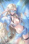  1girl adjusting_eyewear asuna_(blue_archive) beach bikini black_bikini blonde_hair blue-framed_eyewear blue-tinted_eyewear blue_archive blue_coat blue_eyes blue_halo blue_jacket blue_nails blue_shorts breasts cleavage coat commentary contrapposto day fingernails hair_over_one_eye halo highres holding holding_swim_ring innertube jacket jacket_partially_removed large_breasts long_hair looking_at_viewer mole mole_on_breast nail_polish navel norimori one_eye_covered open_clothes open_coat open_jacket outdoors palm_tree revision semi-rimless_eyewear shorts smile solo sunglasses swim_ring swimsuit thigh_strap tinted_eyewear tree very_long_hair 