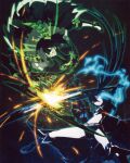  2girls arm_cannon belt bikini black_coat black_dress black_hair black_leggings black_rock_shooter black_rock_shooter_(character) black_shorts blue_eyes boots clash coat dead_master dress flaming_eye glasses glowing glowing_eye green_eyes green_horns highres horns leggings long_hair multiple_girls official_art pale_skin rock_cannon scan scythe shorts skeletal_hand sparks spread_legs swimsuit sword sword_clash third-party_source twintails uneven_twintails weapon 