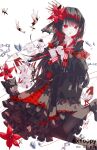  1girl absurdres armband artist_name black_capelet black_hair black_pantyhose black_shirt black_shoes black_skirt capelet collared_shirt commentary crown flower foopy gloves hair_flower hair_ornament highres layered_skirt long_hair long_skirt long_sleeves mahou_shoujo_no_majo_saiban mary_janes necktie nikaido_hiro open_mouth pantyhose petticoat pleated_capelet red_armband red_eyes red_necktie red_skirt shirt shoes side_capelet signature simple_background skirt smile solo watermark white_background white_gloves white_shirt 
