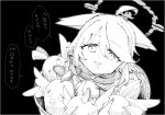  1girl ahoge animal_ears blue_archive commentary_request fox_ears fox_girl halo highres looking_at_viewer monochrome otogi_(blue_archive) otz_sensei peroro_(blue_archive) sailor_collar saliva shirt short_hair speech_bubble stuffed_animal stuffed_bird stuffed_toy translation_request 