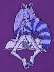 5_fingers absurd_res all_fours anthro anus backsack balls biped blue_body blue_fur bodily_fluids butt claws dipstick_ears ear_markings erection eyestalks feet finger_claws fingerpads fingers floppy_ears fluffy fluffy_tail fur fuzzmonster genital_fluids genitals hi_res holding_object holding_sex_toy knee_tuft knot knotted_penis leg_tuft littlestfuzz long_ears looking_back lop_ears male markings masturbation multicolored_ears nude pawpads paws pen_(artwork) penetrable_sex_toy penile penile_masturbation penis pillow plantigrade precum purple_background purple_penis rear_view sex_toy shoulder_blades simple_background skinny_anthro skinny_male soles solo spots striped_markings striped_tail stripes tail tail_markings tobi_(littlestfuzz) toe_claws traditional_media_(artwork) tuft