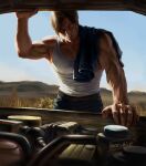  1boy beard_stubble car commentary curtained_hair engine english_commentary facial_hair highres leon_s._kennedy male_focus motor_vehicle muscular muscular_male nunschick resident_evil resident_evil_requiem shirt sleeveless sleeveless_shirt solo stubble 