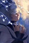  1boy absurdres artist_name black_ribbon black_shirt black_sleeves commentary conical_hat english_commentary hat hat_ribbon heterochromatic_eyewear high_collar highres long_sleeves looking_ahead male_focus natgdraws parted_lips pince-nez qifrey_(tongari_boushi_no_atelier) ribbon robe shirt short_hair solo standing tinted_eyewear tongari_boushi_no_atelier upper_body white_hair white_robe wizard_hat 