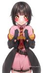  >:) +_+ 1girl belt black_belt black_cape black_capelet black_gloves black_hair blunt_bangs blush_stickers cape capelet clenched_hands closed_mouth commentary cowboy_shot double-parted_bangs dress excited fingerless_gloves gloves hands_up highres kono_subarashii_sekai_ni_bakuen_wo! kono_subarashii_sekai_ni_shukufuku_wo! long_sleeves looking_at_viewer megumin missing_headwear necktie pink_dress pleated_dress red_eyes red_prison_magic_school_uniform sarasara_shoyu school_uniform short_dress short_hair simple_background smile solo standing straight-on striped_clothes striped_necktie twitter_username v-shaped_eyebrows white_background wide_sleeves 