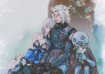  1girl 2boys bandaged_neck bandages black_jacket blue_negligee book boots braid braided_hair_rings breasts cleavage closed_eyes closed_mouth commentary cursoulla detached_sleeves emil_(nier) english_commentary flower fur-trimmed_jacket fur_trim grey_hair greyscale grimoire_weiss hair_between_eyes hair_rings head_wreath highres holding holding_book holding_flower jacket kaine_(nier) leaning_on_person medium_breasts monochrome multiple_boys negligee nier_(brother) nier_(brother)_(post_timeskip) nier_(series) photoshop_(medium) plant scarf single_bare_shoulder sitting teeth thigh_boots thigh_strap tree under_tree vines white_flower 