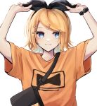  1girl absurdres adjusting_hair_ornament alternate_costume bag black_bag black_bow black_hairband blonde_hair blue_eyes bow casual closed_mouth commentary dot_nose hair_bow hair_ornament hairband hairclip hands_up highres kagamine_rin looking_to_the_side mukomaru orange_shirt print_shirt shirt short_hair short_sleeves shoulder_bag simple_background smile solo t-shirt upper_body vocaloid watch white_background wristwatch 