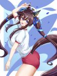  1girl animal_ears ass beret blue_eyes blue_ribbon blush breasts brown_hair buruma commentary_request ear_covers gym_shirt hair_between_eyes hat highres horse_ears horse_girl horse_tail kemuri_(etep3372) large_breasts long_hair looking_at_viewer mole mole_under_eye multicolored_hair open_mouth red_buruma ribbon shirt short_sleeves single_ear_cover smile solo streaked_hair tail tracen_training_uniform twintails umamusume vivlos_(umamusume) w white_hat white_shirt 