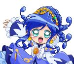  1girl :d aqua_eyes arm_up bell_sleeves blue_dress blue_hair blush bow chest_bow commentary compact_(cosmetics) cosmetics crest dress earrings frilled_dress frilled_sleeves frills fushigiboshi_no_futago_hime gold_tiara hair_between_eyes hair_ornament heart heart_print high_collar highres jewelry layered_dress long_hair long_sleeves looking_at_viewer magical_girl medium_dress open_mouth outstretched_arm print_dress rein_(fortune_princess)_(futagohime) rein_(futagohime) ringlets simple_background sleeves_past_wrists smile solo sparkle sparkling_hair star_(symbol) star_earrings star_hair_ornament sun_print sunny_luce supportasse swept_bangs tiara user_ucgx3542 white_background white_bow wide_sleeves 