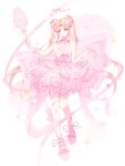  1girl absurdres ankle_ribbon arm_bow arm_warmers back_bow bare_shoulders bead_armlet bingdong_chou_cai_z blonde_hair bow bubble_skirt chinese_commentary commentary_request cone_hair_bun double_bun dreamtime_bestowed_(infinity_nikki) dress dress_bow eyelashes frilled_arm_warmers frills full_body gem_hair_ornament hair_bow hair_bun happy heart-shaped_gem highres holding holding_spoon infinity_nikki large_bow layered_dress leg_ribbon long_hair neck_ribbon nikki_(series) oversized_object parted_bangs pink_arm_warmers pink_bow pink_dress pink_eyes pink_ribbon pink_shoes pink_theme platform_shoes ribbon ribbon_earrings shoes short_dress skirt sleeveless sleeveless_dress solo spaghetti_strap sparkle spoon standing twintails very_long_hair white_background white_dress 