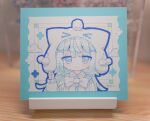  >_< 1girl animal_ears animal_hat blue_eyes blue_hair blush_stickers bow chibi closed_mouth collared_shirt commentary_request fake_animal_ears hat highres long_sleeves looking_at_viewer nakkar original photo_(medium) puffy_long_sleeves puffy_sleeves shirt solo traditional_media upper_body white_bow white_hat white_shirt 