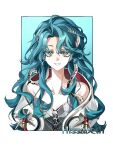  1girl bare_shoulders blue_background blue_hair border character_name chinese_commentary commentary_request dress fang green_eyes grey_dress grin highres hissabeth jacket long_hair looking_at_viewer outside_border qingniao-baige red_pupils reverse:1999 skin_fang slit_pupils smile snake snake_on_head solo upper_body white_border white_jacket 