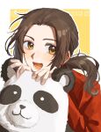  1boy artist_name axis_powers_hetalia blush border brown_hair changpao china_(hetalia) chinese_clothes commentary_request hands_up harutoro_39487 highres holding holding_stuffed_toy long_hair long_sleeves looking_at_viewer low_ponytail male_focus open_mouth outside_border ponytail red_changpao sidelocks simple_background smile solo stuffed_animal stuffed_panda stuffed_toy teeth tongue upper_body wavy_hair white_border yellow_background yellow_eyes 