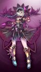  1girl armored_boots black_ribbon black_skirt boots breasts cleavage evil_smile full_body game_asset gauntlets grimms_notes grin hair_over_one_eye hair_ribbon hand_up lard_(kumazakiyuta) non-web_source official_art one_eye_covered purple_background red_eyes ribbon shadow_evil_queen_(grimms_notes) skirt smile solo tachi-e teeth weapon white_hair 