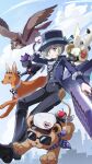  1girl :o absurdres animalization apple apple_(reverse:1999) ascot aviator_cap bird black_boots black_bow black_bowtie black_cat black_hat black_pants black_vest blue_bow blue_coat blue_sky boater_hat boots bow bowtie brown_hat cat chinese_commentary city cloud coat commentary_request day dog druvis_iii eagle falling food fruit full_body goggles goggles_on_headwear grey_eyes grey_hair greyhound hair_bun hand_on_headwear hat hat_bow highres holding holding_suitcase lilya_(reverse:1999) lion_cub looking_down newsboy_cap pants pingfan_de_mao regulus_(reverse:1999) reverse:1999 sheep short_hair single_side_bun sky skyline solo sonetto_(reverse:1999) sotheby suitcase sunglasses traditional_bowtie vertin_(reverse:1999) vest waistcoat white_ascot 