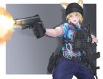  1girl absurdres animal_ear_fluff animal_ears battle_rifle beanie belt black_gloves blonde_hair blue_pants bulletproof_vest commentary_request commission d-sawa613 dsa_sa58_osw fn_fal gloves grey_background grizzly_win_mag gun handgun hat heterochromia highres military open_mouth original pants polo_shirt rifle scar scar_across_eye scar_on_face sharp_teeth short_hair short_sleeves simple_background skeb_commission solo standing tactical_clothes tactical_gloves teeth two-tone_background weapon white_background 