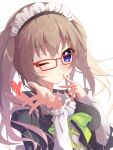  1girl 9-nine- absurdres bare_shoulders blowing_kiss blue_eyes blush bow brown_hair commentary drawn_heart english_commentary floating_hair frilled_sleeves frills glasses green_bow hair_between_eyes hands_up heart highres kujou_miyako levanting long_hair long_sleeves looking_at_viewer maid maid_headdress nine_ball_maid_uniform official_alternate_costume official_alternate_hairstyle one_eye_closed puckered_lips red-framed_eyewear sidelighting simple_background solo textless_version twintails upper_body white_background 