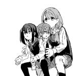 >:( 1girl 3girls amamiya_satsuki_(mono) black_hair cardigan_vest closed_mouth collared_shirt frown gattai_(hunter_x_hunter) grey_hair greyscale hair_ornament hair_scrunchie hellfire00001 highres hunter_x_hunter kiriyama_an long_hair long_sleeves mono_(afro) monochrome multiple_girls one_side_up open_mouth parody scene_reference school_uniform scrunchie shikishima_sakurako shirt simple_background skirt squatting thick_eyebrows twintails v-shaped_eyebrows white_background white_shirt 