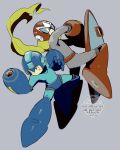  2boys absurdres arm_cannon back-to-back blue_helmet brothers full_body helmet highres male_focus mega_man_(character) mega_man_(classic) mega_man_(series) multiple_boys proto_man red_helmet scarf shield siblings simple_background srnhuyuno watermark weapon yellow_scarf 