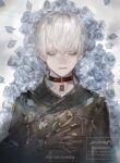  1boy 9s_(nier:automata) absurdres artist_name belt_buckle black_choker black_gloves black_jacket blue_petals buckle choker closed_eyes commentary_request copyright_name gloves grey_hair hair_between_eyes hand_on_own_chest highres jacket male_focus moony_(mogmogmelt) nier:automata nier_(series) pendant_choker petals shoulder_belt signature solo twitter_username upper_body 