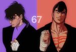  2boys 8548ky bandaged_hand bandages black_eyes black_hair black_jacket blood blood_on_chest brown_eyes brown_hair claw_mark clenched_hand commentary_request hair_between_eyes hajime_no_ippo jacket male_focus mashiba_ryou medium_hair multiple_boys orange_background pectoral_cleavage pectorals pompadour purple_background purple_shirt shirt smirk takamura_mamoru thick_eyebrows 
