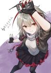  1girl absurdres arknights arm_up black_gloves black_pantyhose black_skirt brown_jacket chinese_commentary commentary_request detonator feet_out_of_frame fingerless_gloves fingernails gloves grey_hair grey_shirt hair_between_eyes highres holding holding_detonator jacket looking_at_viewer multicolored_hair nail_polish open_clothes open_jacket pantyhose parted_lips red_hair red_nails shirt short_hair skirt smile solo streaked_hair w_(arknights) wumingjunzhudaren yellow_eyes 
