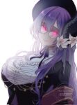  1girl angie03 black_bonnet black_gloves black_jacket bonnet breasts collared_shirt commentary fate/grand_order fate_(series) flower glasses gloves glowing glowing_eyes highres jacket large_breasts long_hair long_sleeves looking_at_viewer pink_eyes purple_hair sash shirt smile urd_(fate) urd_(second_ascension)_(fate) white_shirt 