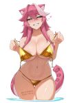  1girl animal_ears areola_slip ass_visible_through_thighs bare_shoulders bikini black_nails blue_eyes blush breasts center-flap_bangs cleavage collarbone commentary double-parted_bangs english_commentary fangs female_pubic_hair fingernails gold_bikini grin groin hair_intakes heart hololive hololive_english large_breasts long_hair looking_at_viewer multicolored_hair myth1carts navel panther_ears panther_girl panther_tail pink_hair pink_tail pubic_hair pubic_hair_peek raora_panthera sidelocks simple_background single_hair_streak smile solo stomach streaked_hair sweat swimsuit tail teeth thighs two-tone_hair undone_bikini very_long_hair virtual_youtuber wading white_background white_streaks yellow_bikini 