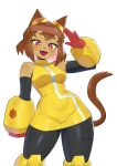  1girl :d animal_ears black_pants breasts brown_hair cat_ears cat_girl cat_tail commentary fang gameoverse gloves goggles goggles_on_head highres junii-owl kit_bodega looking_at_viewer medium_breasts open_mouth pants red_eyes red_gloves salute shirt short_hair simple_background sleeveless sleeveless_shirt smile solo standing tail twitter_username white_background yellow_shirt 