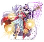  2girls armor armored_boots bare_shoulders boots breasts bridal_gauntlets camilla_(fire_emblem) camilla_(light_of_nohr)_(fire_emblem) cape circlet cleavage closed_mouth commentary_request curly_hair detached_sleeves dress fire_emblem fire_emblem:_radiant_dawn fire_emblem_fates fire_emblem_heroes full_body fur_trim gauntlets gloves grey_hair hair_ornament hair_over_one_eye hair_tubes holding jewelry large_breasts lips long_hair long_sleeves looking_at_viewer micaiah_(fire_emblem) micaiah_(queen_of_dawn)_(fire_emblem) multiple_girls official_art okuma_mai open_mouth purple_hair red_eyes solo staff tiara transparent_background white_hair wide_sleeves yellow_eyes 