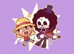  >_< 2boys afro blue_shorts blush_stickers brook_(one_piece) chibi chibi_only chunafishy commentary english_commentary full_body hat instrument male_focus mini_hat mini_top_hat monkey_d._luffy multiple_boys musical_note one_piece pants playing_instrument purple_background purple_pants purple_shirt red_shirt scar scar_on_cheek scar_on_face shirt shorts skeleton straw_hat top_hat violin 