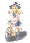  1girl absurdres apron back_bow bicycle black_skirt blonde_hair blue_boots blue_hat blue_vest boots bow braid chinese_commentary commentary_request frilled_skirt frills green_bow hair_bow hat hat_bow highres kirisame_marisa long_hair looking_at_viewer mini-hakkero on_bicycle open_mouth puffy_short_sleeves puffy_sleeves short_sleeves side_braid single_braid skirt smile solo touhou vest waist_apron white_apron white_bow witch_hat yellow_eyes zheng_(pixiv_101593236) 