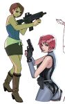  2girls ass assault_rifle black_gloves black_skirt blue_tube_top boots brown_boots brown_hair commentary cropped_legs crossover dino_crisis english_commentary gloves gun handgun highres holding holding_gun holding_weapon jill_valentine miniskirt multiple_girls red_hair regina_(dino_crisis) resident_evil resident_evil_3:_nemesis rifle rygge simple_background skirt strapless tube_top weapon white_background 